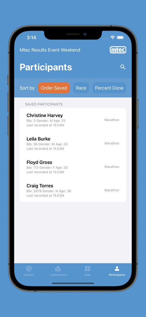 Mtec Results app displaying a list of saved race participants for real-time tracking.