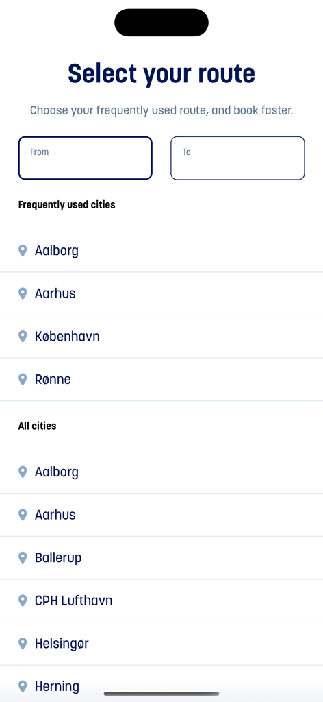 Kombardo Expressen - Route selection screen in the Kombardo Expressen app showing a list of Danish cities like Aalborg and Aarhus for bus travel.