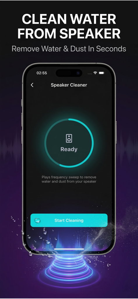 Bass Booster &Volume,Equalizer - Interfaz de una aplicación móvil para limpiar agua y polvo de los altavoces del teléfono