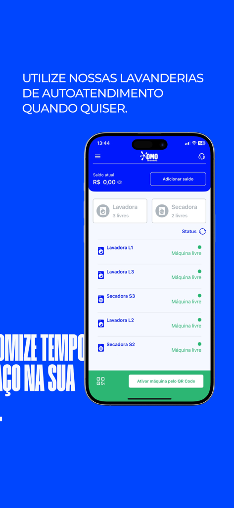 OMO Lavanderia - OMO Lavanderia App-Oberfläche mit einer Liste verfügbarer Selbstbedienungs-Waschmaschinen und Trockner
