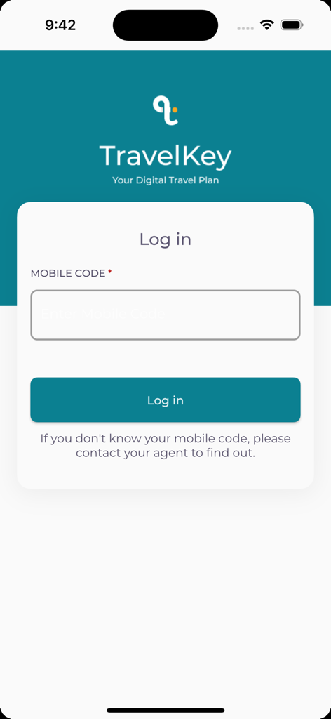 Login-Bildschirm der TravelKey-App, der einen mobilen Code anfordert