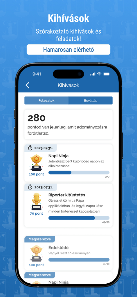 Pápa Appra! - Schermata sfide e ricompense dell'app mobile Pápa Appra che mostra punti utente e attività di conseguimento.