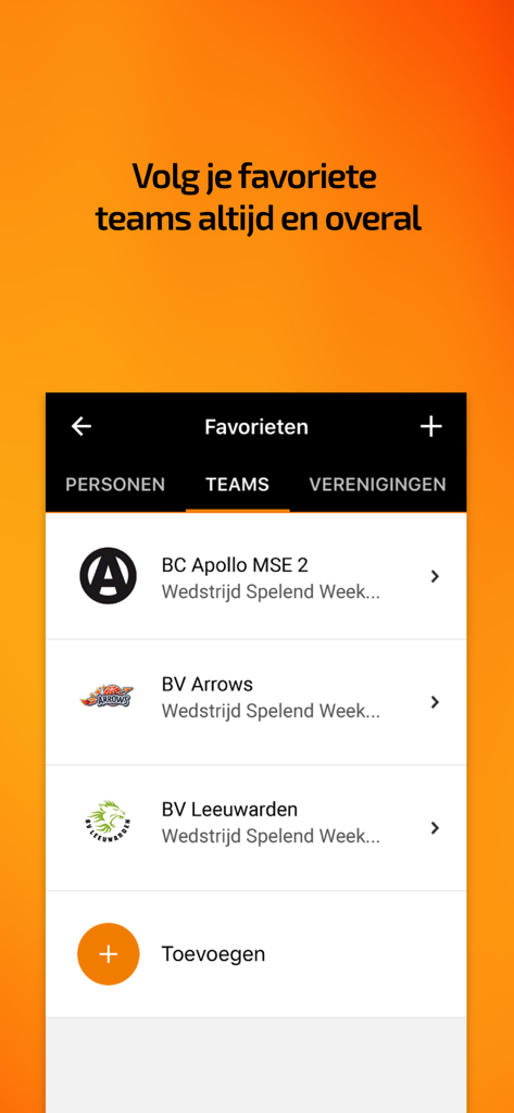 HandbalNL app interface displaying a list of favorite handball teams