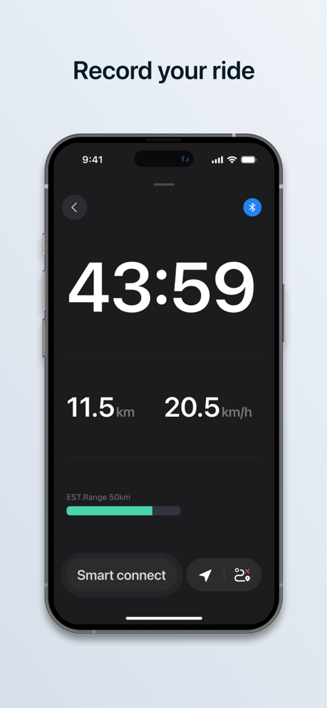 Tenways - Tenways App-Bildschirm zeigt Echtzeit-Fahrtdauer, Geschwindigkeit, Distanz und geschätzte Batteriereichweite