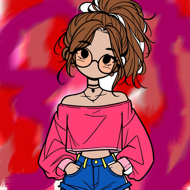 girl with a messy ponytail glasses a baggy crop top and jean shorts