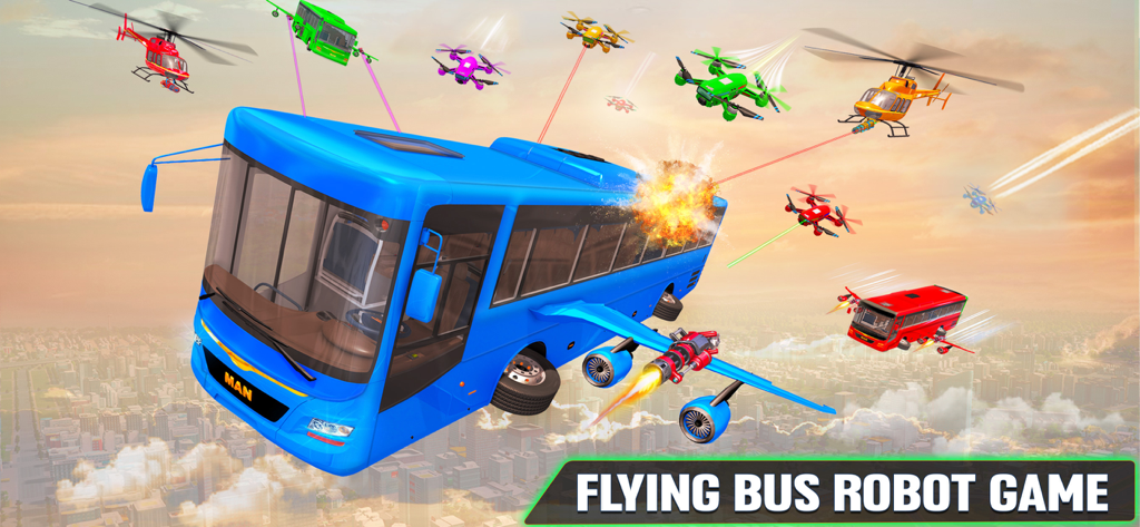 Robot Games - Mech War Games - A blue bus transformed into a flying robot combat vehicle fighting helicopters and drones above a city.