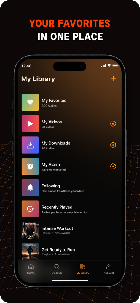 Mindset: Daily Motivation App - Mindset app My Library interface showing favorites, videos, downloads, and custom alarm settings.