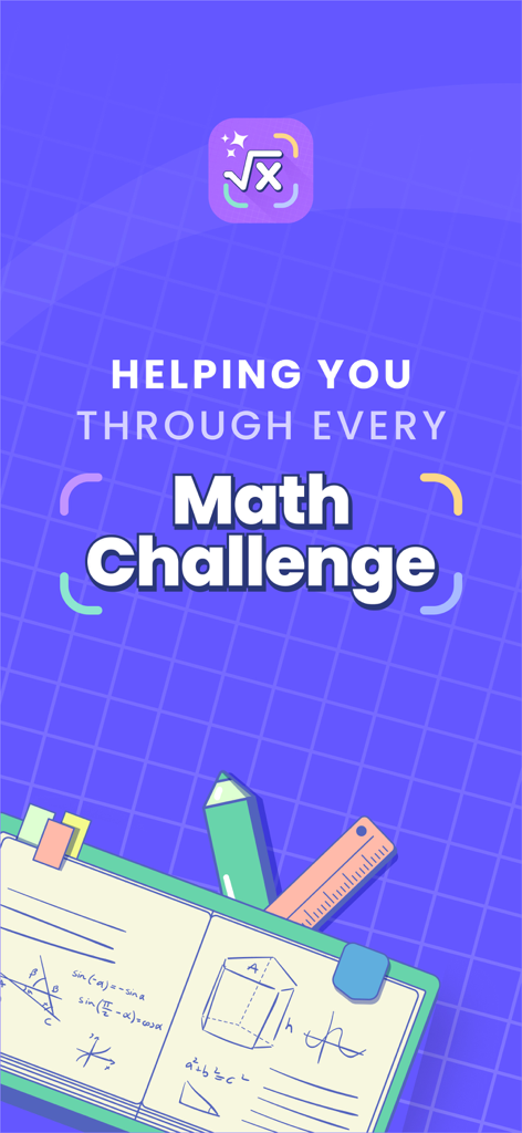 MathPro・AI Photo Math Solver - A purple grid background featuring the MathPro app icon and text saying 'Helping you through every Math Challenge' with a hand-drawn math notebook at the bottom.