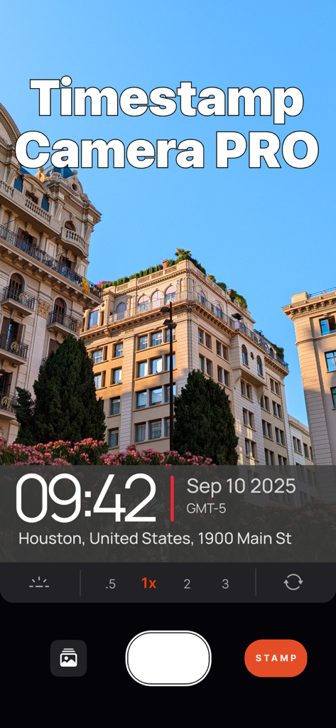 Timestamp Camera: Time & GPS - Interfaz de la aplicación Timestamp Camera mostrando una foto con una superposición de hora, fecha y ubicación GPS en Houston