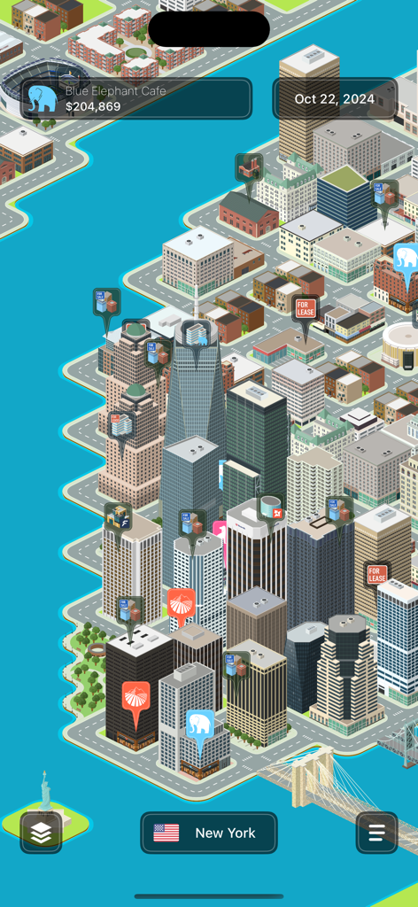 Coffee Inc 2 - Isometric city view of New York in Coffee Inc 2 showing business locations and available real estate