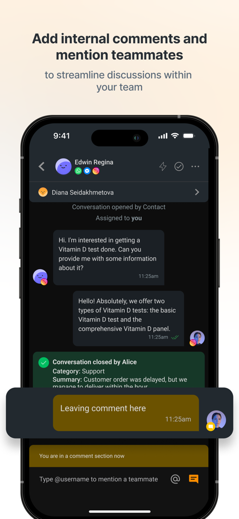 Respond.io mobile app interface for internal team comments and teammate mentions in a business conversation