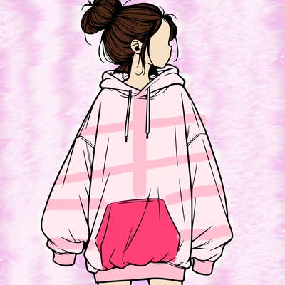 realistic girl with a oversized sweatshirt on and a bun