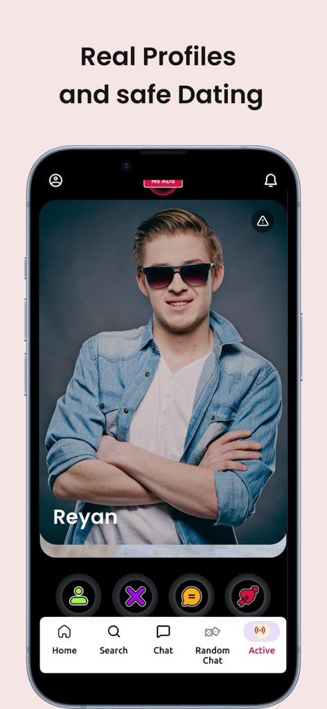 Flirtify: Chat & Meet Singles - Interface do aplicativo de namoro Flirtify mostrando o perfil de um jovem com opções de chat e match