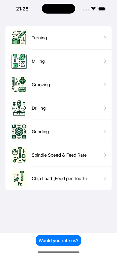 Material Removal Rate - Main menu of the Material Removal Rate app showing machining calculation categories like turning and milling