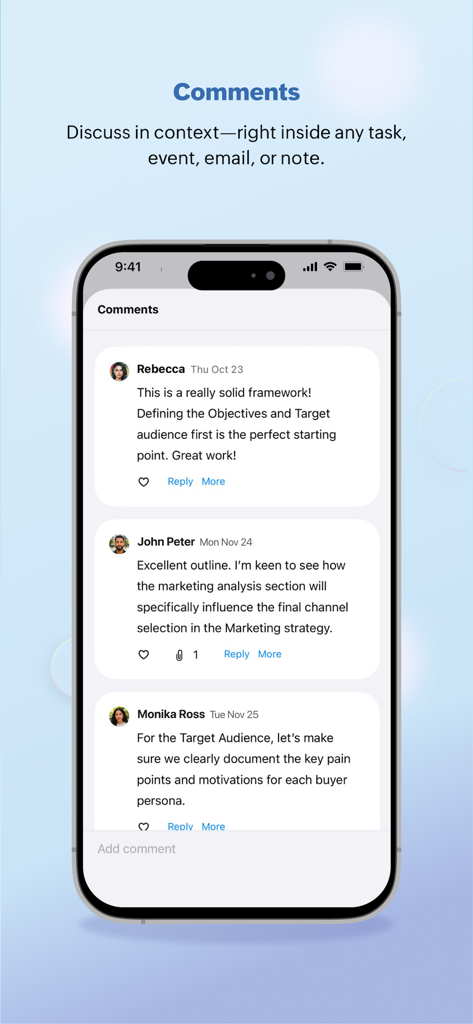 Streams - for Zoho Mail - A smartphone screen showing threaded comments and team discussions in the Zoho Streams app