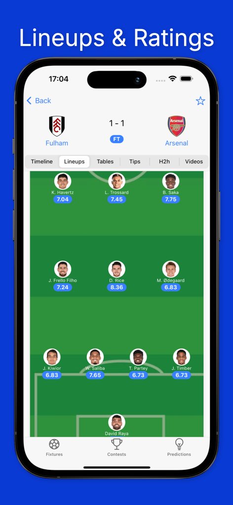 Afriscores: Soccer Predictions - 戦術的なピッチレイアウトでサッカーの試合ラインナップとプレイヤーパフォーマンス評価を示すAfriscoresアプリインターフェース