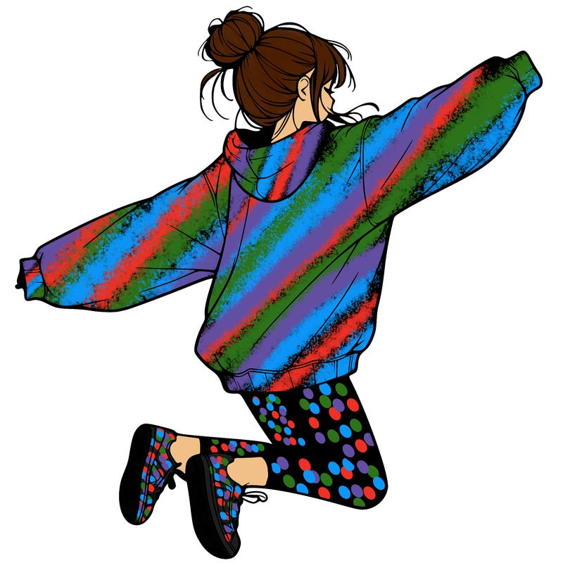 realistic girl jumping with a bun and oversized sweatshirt