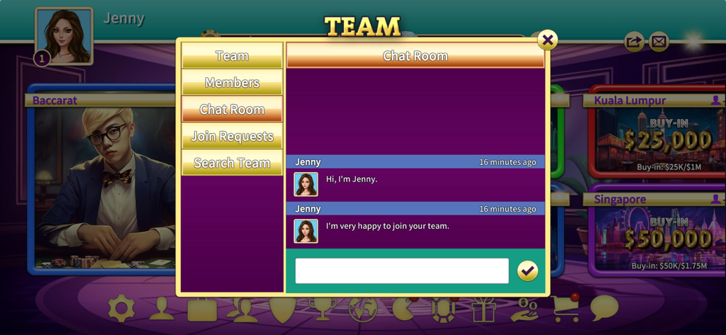 Pai Gow Online - KK Paigow 2 - In-game chat room interface showing a team member named Jenny joining a group in the Pai Gow Online app.