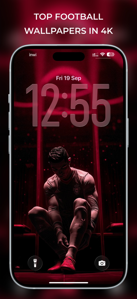 Ein iPhone-Sperrbildschirm mit einem hochauflösenden roten Fußball-Wallpaper von Cristiano Ronaldo