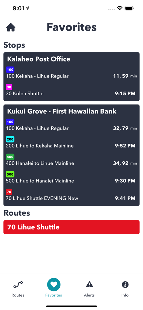 The Kauai Bus Tracker - The favorites screen of The Kauai Bus Tracker app showing real time arrival times for specific bus stops and routes