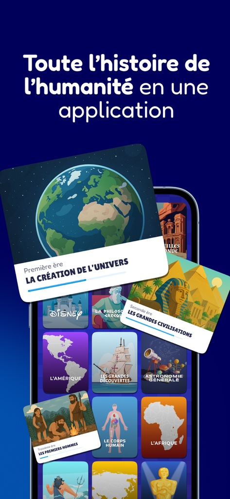 Sapio - Culture Générale - Sapio mobile App-Oberfläche, die Bildungskarten für verschiedene Geschichts- und Wissenschaftsthemen anzeigt