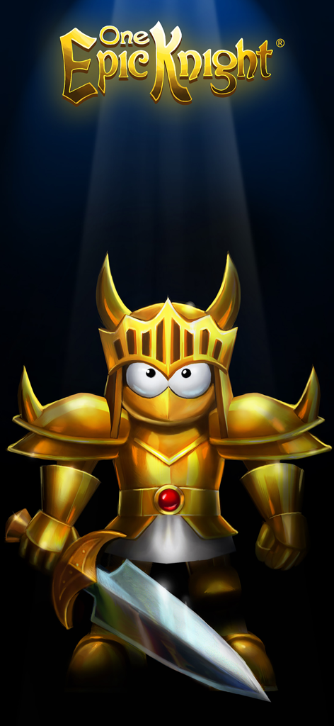 A cartoon knight in shining golden armor holding a large sword under a spotlight.