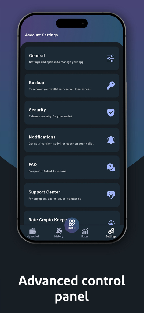 Der Bildschirm mit den Kontoeinstellungen der CryptoKeeper-App, der Optionen für Sicherheit, Backup und allgemeine Wallet-Verwaltung anzeigt