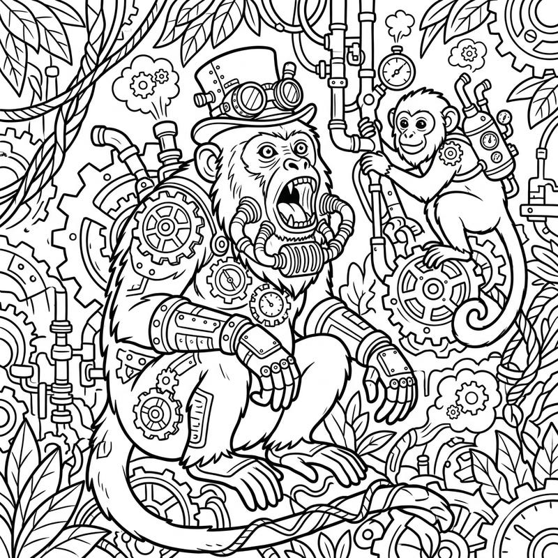 Journey into a fantastical jungle where majestic howler monkeys are reimagined with an intricate Steampunk aesthetic. This captivating coloring page perfectly blends natural power with retro-futuristic marvels, offering an exciting challenge for colorists.
