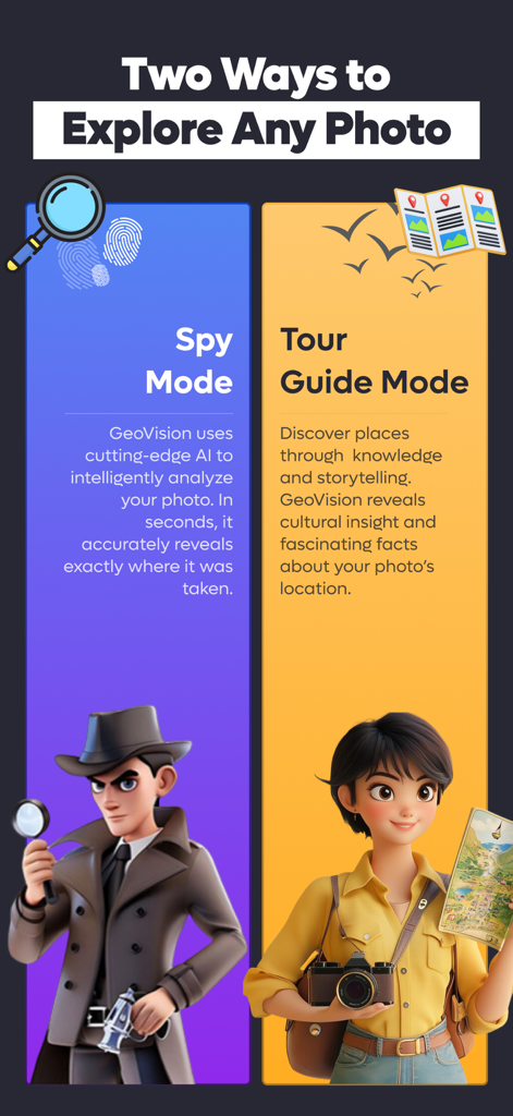 AI Photo Location Finder：GeoAI - Comparison of Spy Mode and Tour Guide Mode featuring a detective and a traveler character.