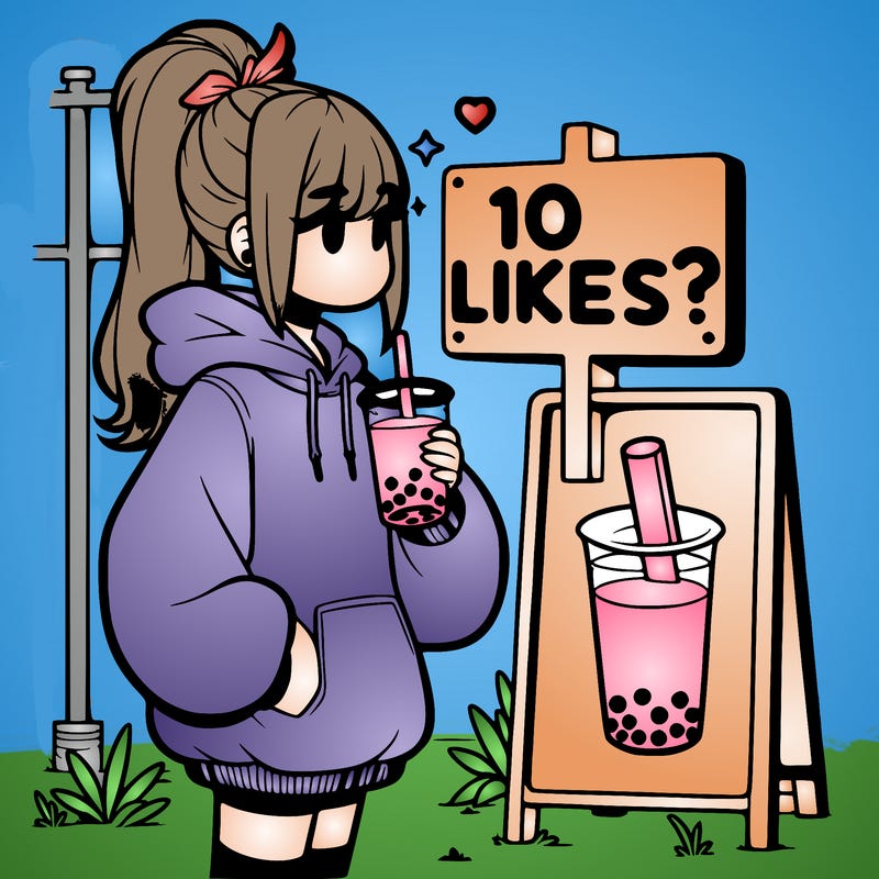 girl with oversized hoodie drinking boba and she has a high ponytail with a sign that says 10likes?
