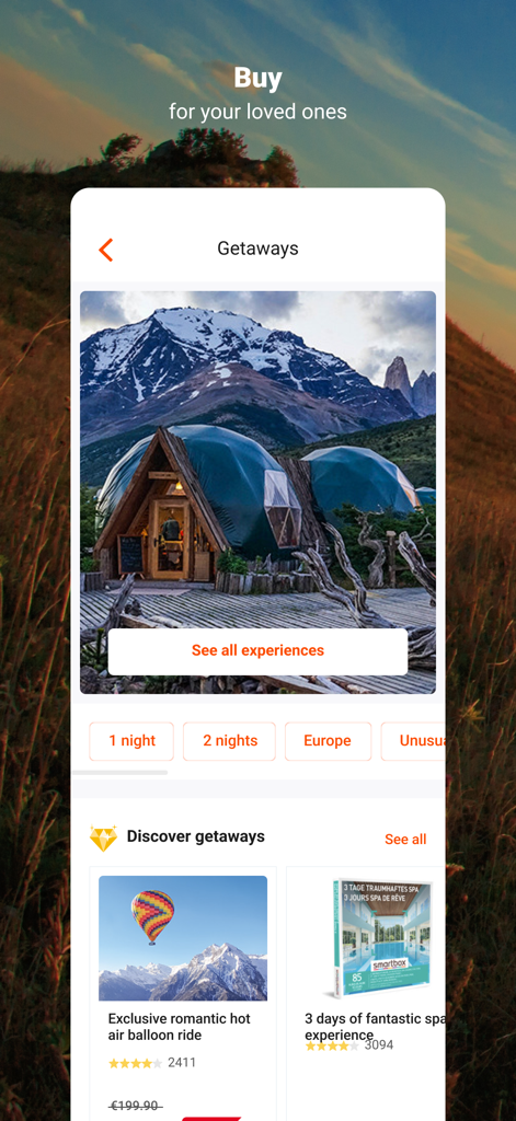 Smartbox app screen showing gift ideas for getaways and romantic hot air balloon rides