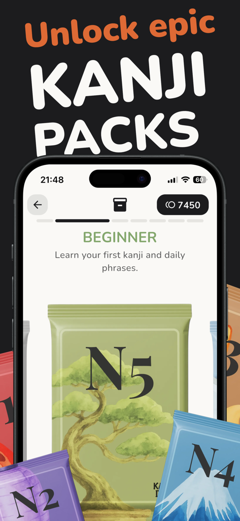 Kanjidon - Kanji Flashcards - Desbloquea paquetes de cartas de kanji épicas en Kanjidon para aprender el idioma japonés