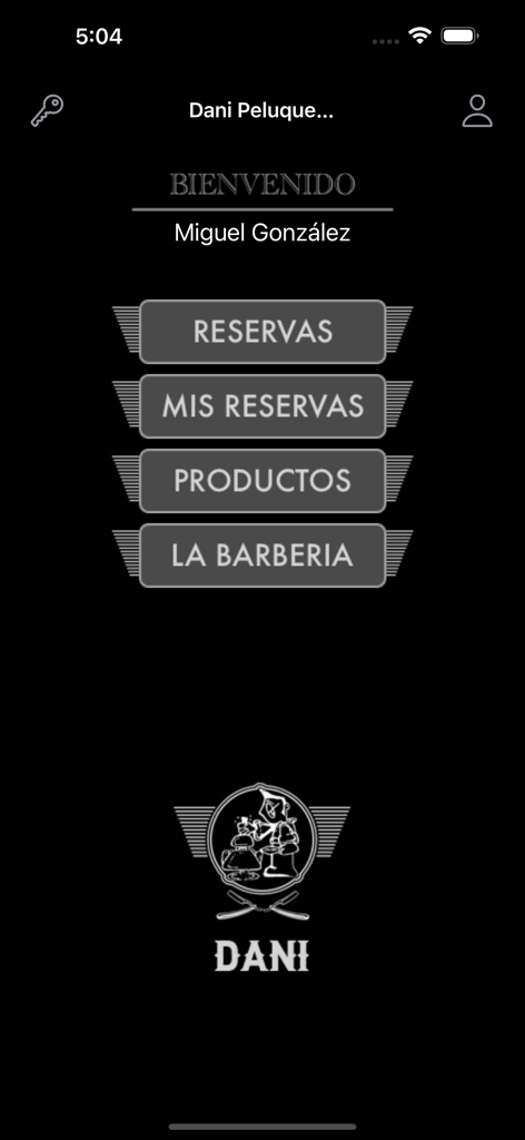 Dani Peluquería - Tela inicial do aplicativo Dani Peluqueria com botões para reservas e produtos