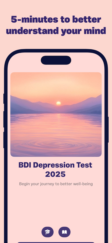 Depression Test App - BDI 우울증 검사 2025 앱 홈 화면, 차분한 일몰 풍경과 함께 5분 안에 마음을 더 잘 이해하세요라는 텍스트 표시