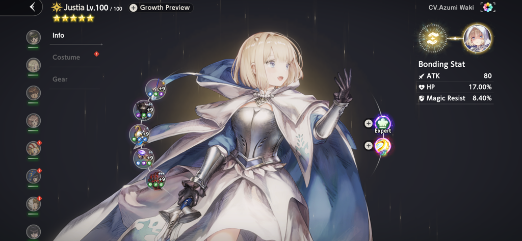 Écran de profil du personnage de Justia au niveau 100 dans BrownDust2