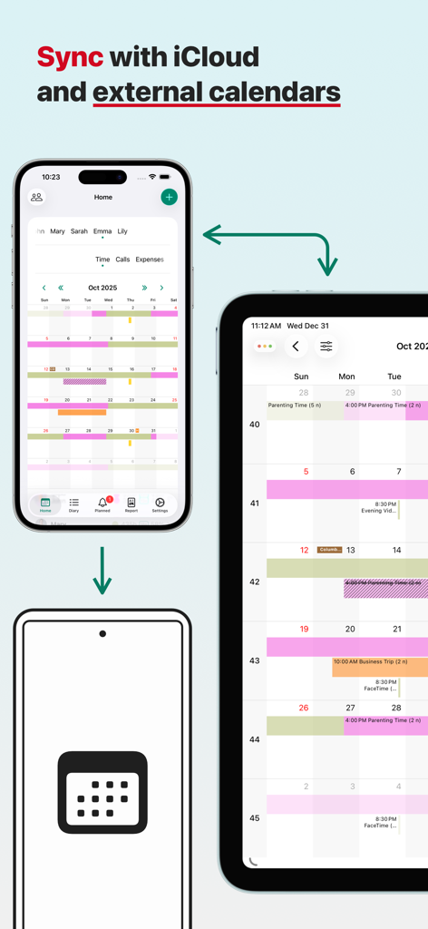 Interface de l'application Alimentor 2 montrant la synchronisation entre iPhone, iPad et calendriers externes via iCloud.