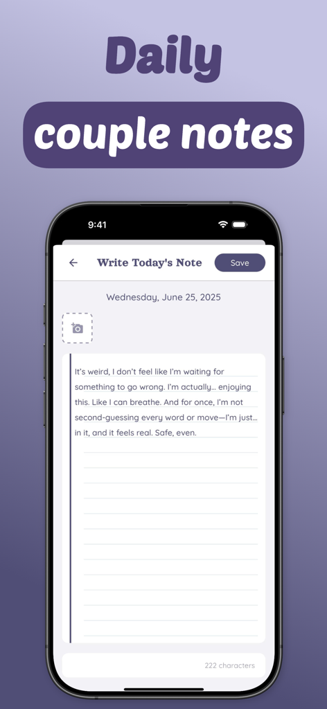 Shared couple diary - dairi - Smartphone screen showing the dairi app interface for writing a daily couple note