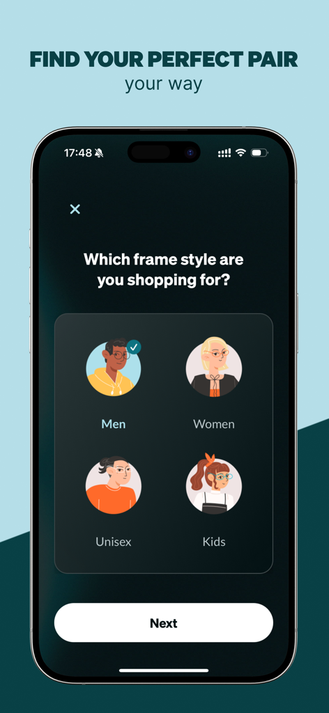 Zenni App-Oberfläche mit Gestell-Stil-Kategorien für Herren, Damen, Unisex und Kinder.