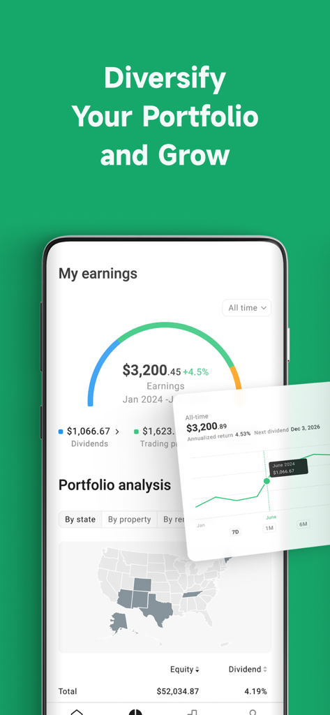 Mobile app dashboard for Ark7 real estate investing showing portfolio earnings dividends and a map of property locations
