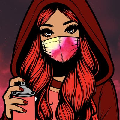 girl wearing a mask with long hair with her hood up spray-painting realistic