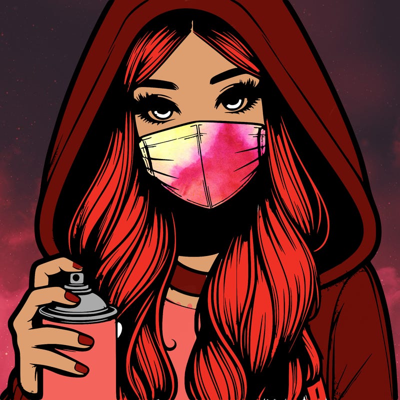 girl wearing a mask with long hair with her hood up spray-painting realistic