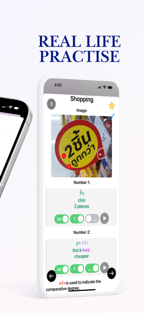 Enjoy Thai Learning - Écran de l'application Enjoy Thai Learning montrant la pratique de la vie réelle pour lire des panneaux de shopping thaïlandais avec un aperçu du vocabulaire et de la grammaire