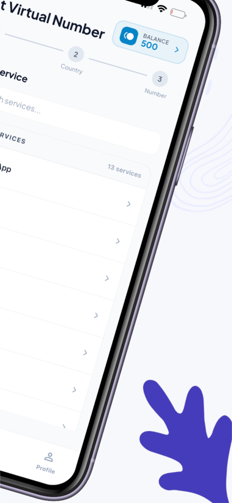 Virtual Number SMS Verify - Interface de aplicativo móvel mostrando o saldo de crédito e a seleção de serviço para verificação de SMS com número virtual