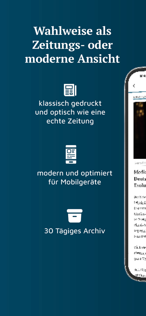 DIE RHEINPFALZ – Nachrichten - Captura de pantalla de la aplicación DIE RHEINPFALZ que muestra vistas de lectura de periódico clásico y móvil moderno con un archivo de treinta días