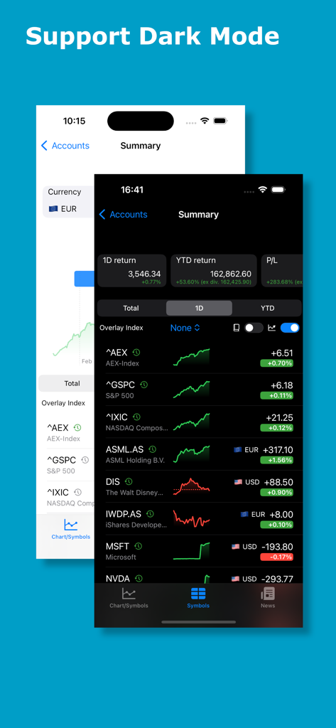eyeStock - The eyeStock app interface displaying a stock portfolio summary in dark mode