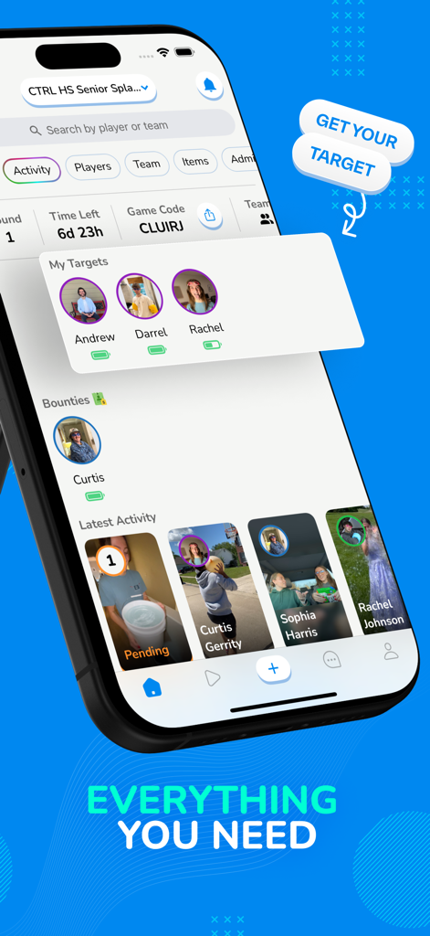 Splashin app dashboard showing game targets and recent player activity