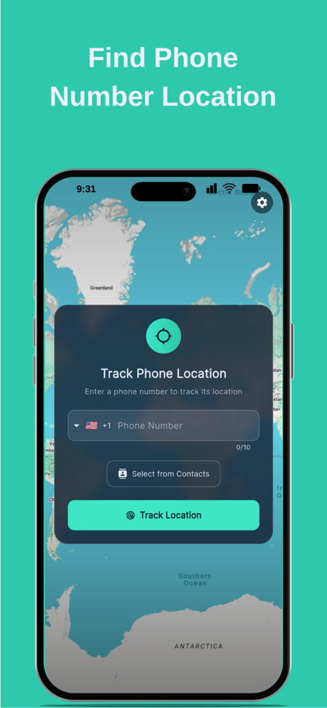 Phone Location Tracker - LocFi - Mobile app interface of LocFi showing the track phone location feature by entering a phone number on a map