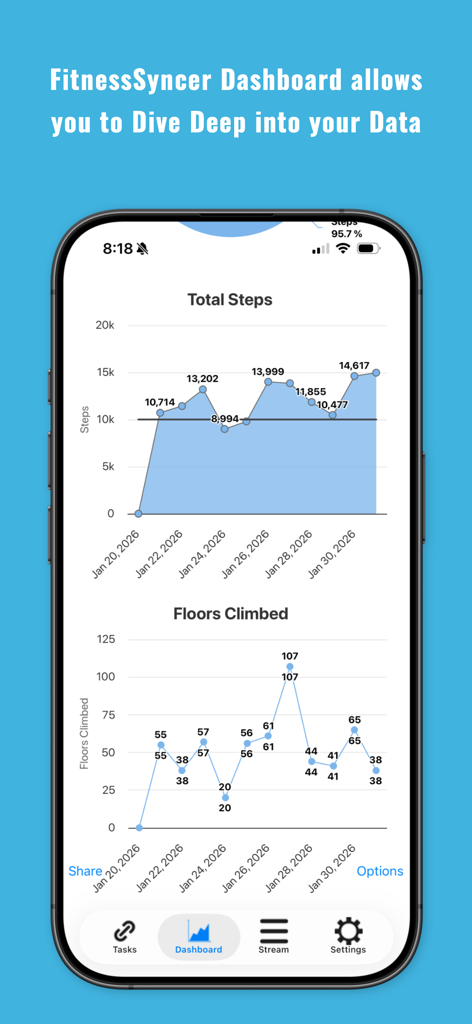 Panel de FitnessSyncer que muestra gráficos de pasos totales diarios y pisos subidos