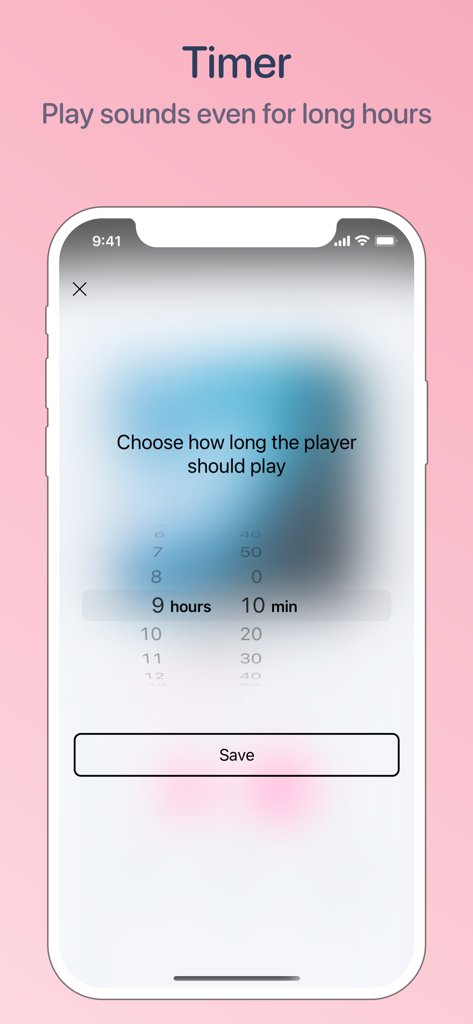 White noise generator, pink - An iPhone screen showing the white noise app timer setting for nine hours and ten minutes.