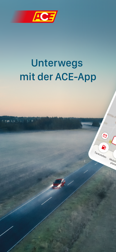 Pantalla de la app ACE Auto Club Europa mostrando un coche rojo conduciendo por una carretera escénica con iconos de navegación